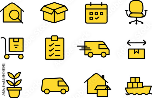 Business Logistics and Office Management Icons Set with Delivery, Calendar, Warehouse and Workspace Symbols