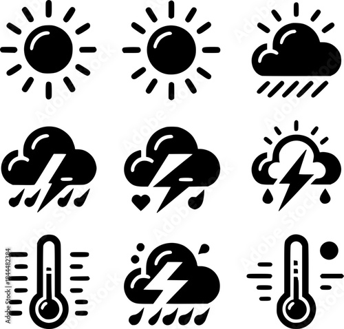 Weather Icon Set: A collection of concise weather icons, ranging from radiant sunshine to tempestuous thunderstorms. Capturing a range of forecasts.
