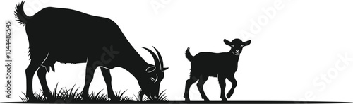Goat and kid silhouette grazing on grass, farm livestock illustration, rural agriculture scene, black animal shapes, minimalist countryside vector art