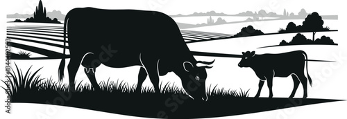 Cow and calf silhouette grazing in farmland landscape, rural countryside illustration, agricultural livestock scene, black and white farm vector art