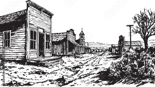 Western town sketch featuring abandoned buildings along a dusty road. Vintage black and white vector illustration of a deserted landscape.