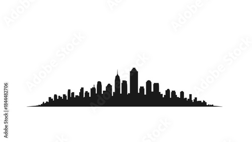 Cityscape silhouette with prominent buildings against a white background.