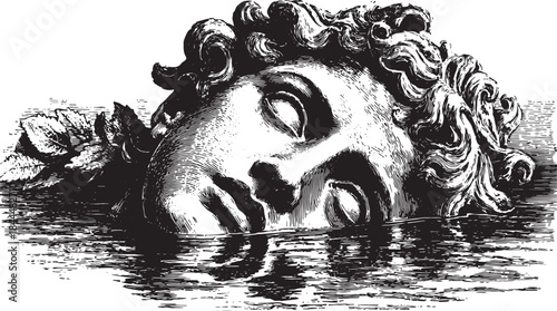 Vintage head illustration in monochrome style, depicted partly submerged in water with detailed engravings. This vector art set combines historical elements and culture.