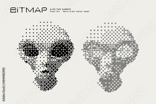 Abstract Alien Head Vector Illustration, Cute Alien Face Large Eyes, Bitmap Dithering, Eerie Sci-fi Horror Aesthetic, Retro Analog, Pixel Art Texture, Monochrome Visual Elements