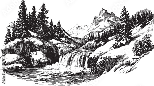 Vintage black and white engraving of a frozen waterfall in a scenic mountain landscape. Detailed vector illustration set in nature.