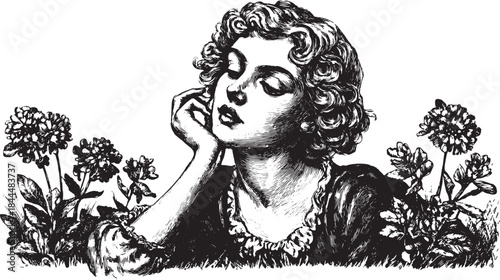 Vintage engraving of a woman with curly hair, surrounded by flowers. Detailed vector illustration showcasing beauty in a classic artistic style.
