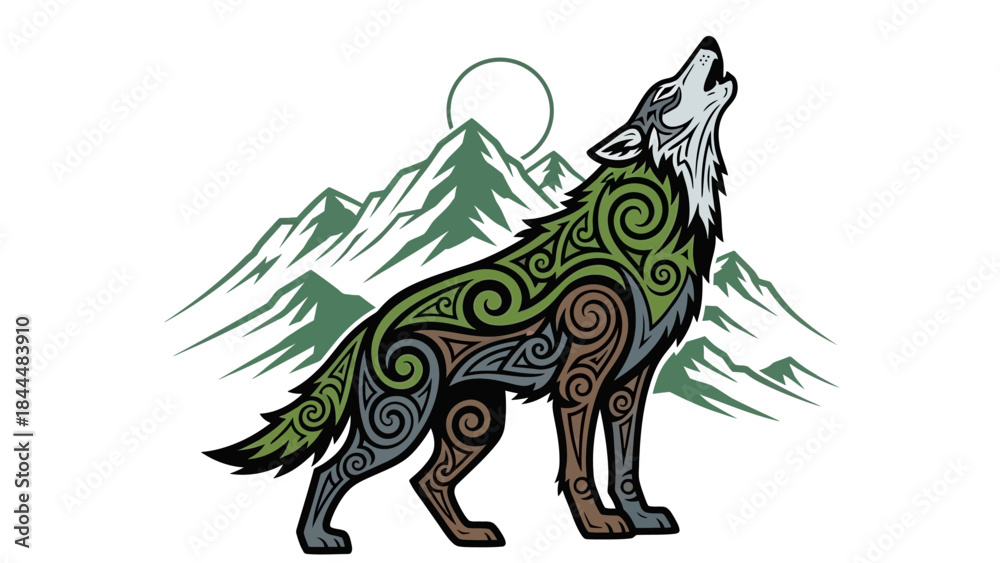 Fototapeta premium Tribal wolf illustration with mountains backdrop featuring intricate decorative patterns.