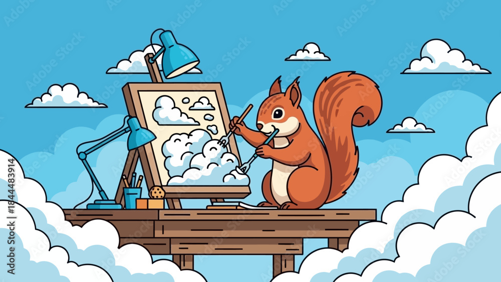 Obraz premium Playful squirrel painting outdoors on a wooden easel under a bright blue sky.