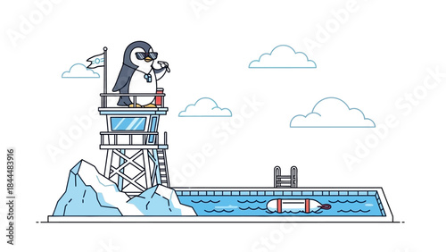 Penguin Lifeguard on a Tower Overlooking an Icy Sea with a Small Boat Nearby.
