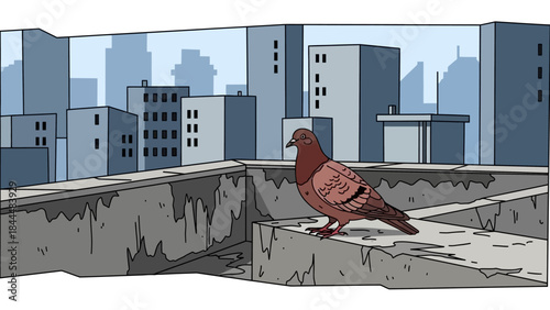 Urban pigeon perched on a concrete ledge with a distant city skyline backdrop.