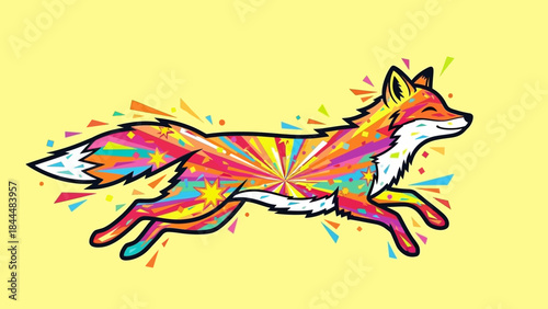 Vibrant geometric fox running through splashy paint colors in abstract illustration.