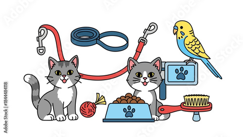 Playful kittens with pet accessories, toys, and feathered friend in a cozy home scene.