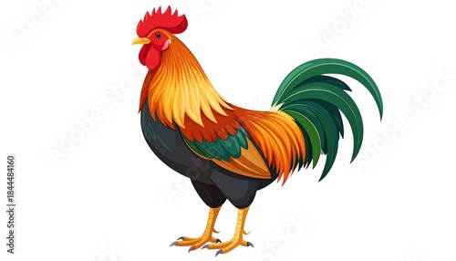 Colorful rooster with vibrant orange neck feathers, dark gray body, and green tail standing on a white background