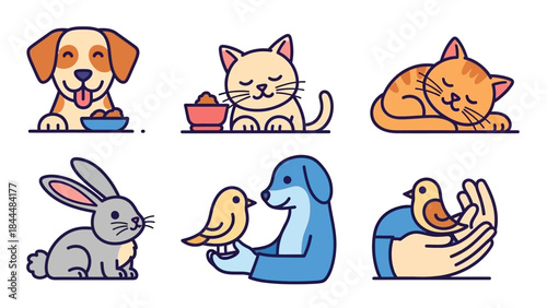 Group of cute illustrated animals including dogs, cats, rabbit, bird and chick in a colorful cartoon scene.