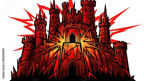Dramatic red fortress castle with jagged sunburst background and towering battlements.