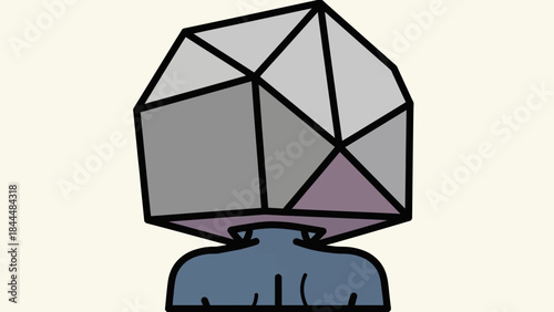 Abstract geometric head portrait with polygonal crystal helmet on blue shirt illustration.