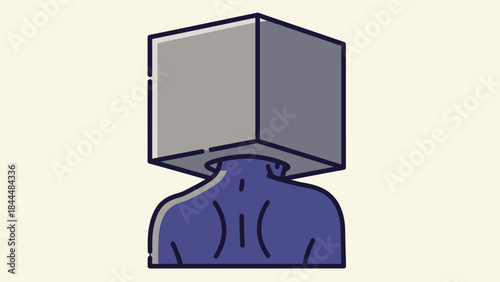 Cartoon figure with a cardboard box over the head in surreal illustration.