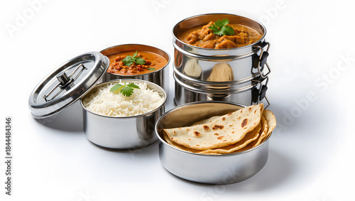 Stainless Steel Tiffin Lunch Box with Traditional Indian Meal