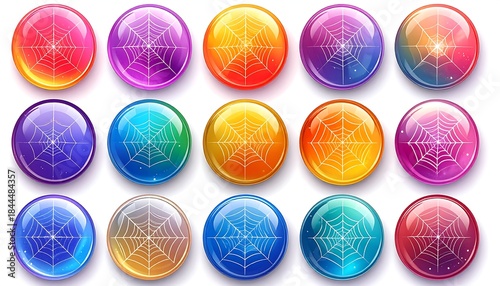 Colorful, shiny, round buttons display white spiderwebs in a grid pattern against a clean white background