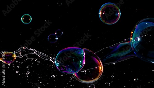 Colorful soap bubbles float against a dark background, with water droplets creating dynamic, ephemeral abstract forms
