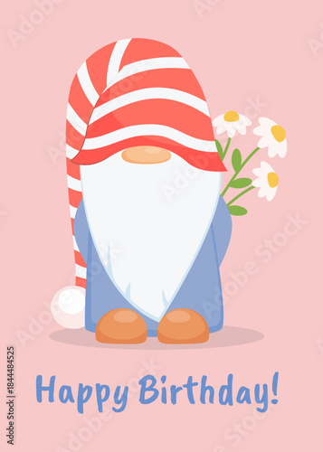 A shy, cute gnome in a striped cap with a bouquet of daisies on his back. Birthday card. Vector illustration.