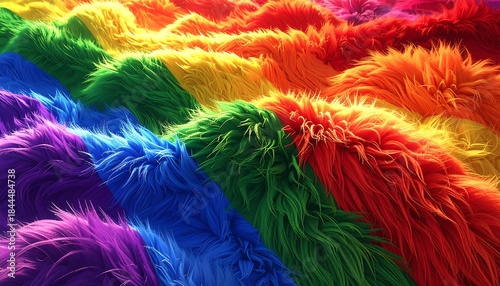 Colorful rainbow of fur-like texture, with each stripe representing a color. Soft and vibrant close-up view