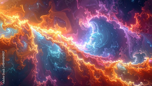 Colorful, swirling nebulae with orange, blue and violet hues. Evokes cosmic vastness and celestial wonders