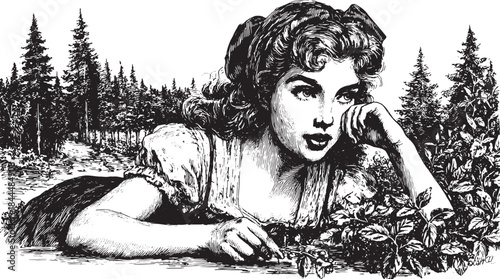 Woman in a forest clearing, focused on picking wild herbs. Detailed vector illustration showcasing nature's beauty and tranquility.