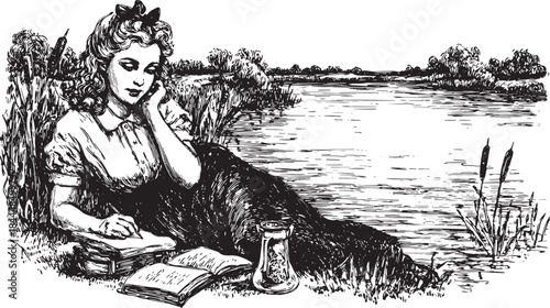 A woman sketching in a notebook by the riverside. This vintage black and white vector illustration depicts a serene outdoor scene with natural elements.
