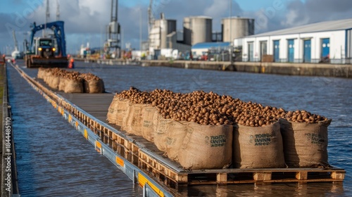 Bags of Potatoes Docked at Port for Agricultural Shipping