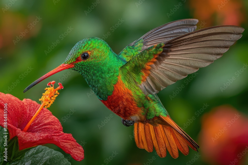 Fototapeta premium A brightly colored hummingbird hovering near a vibrant red flower