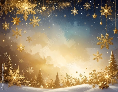 Ilustración navideña con un elegante marco de copos de nieve y estrellas doradas que rodean la imagen. El fondo presenta una acuarela degradada en tonos azul profundo y dorado cálido.