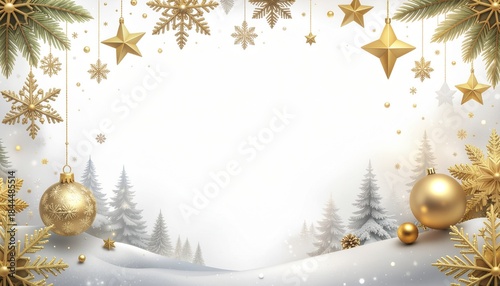 Ilustración navideña con un elegante marco de copos de nieve y estrellas doradas que rodean la imagen. El fondo presenta una acuarela degradada en tonos azul profundo y dorado cálido.