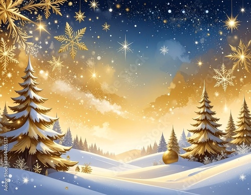 Ilustración navideña con un elegante marco de copos de nieve y estrellas doradas que rodean la imagen. El fondo presenta una acuarela degradada en tonos azul profundo y dorado cálido.