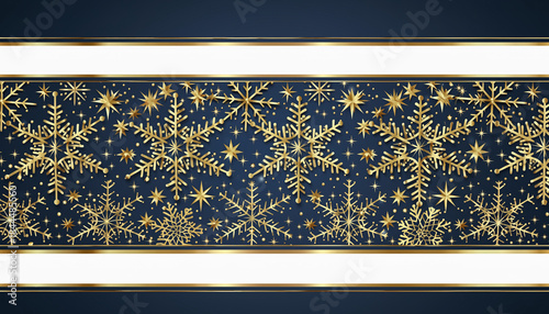 Ilustración navideña con un elegante marco de copos de nieve y estrellas doradas que rodean la imagen. El fondo presenta una acuarela degradada en tonos azul profundo y dorado cálido.