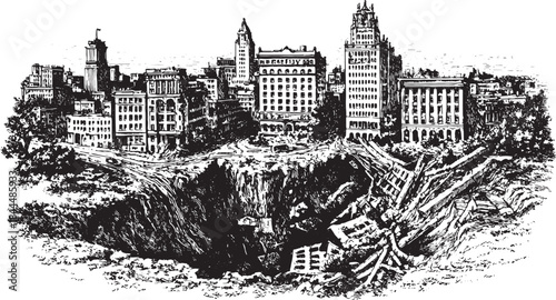 City buildings surrounding a large crater illustrate urban damage and disaster. Black and white vector illustration presents a detailed historical scene.