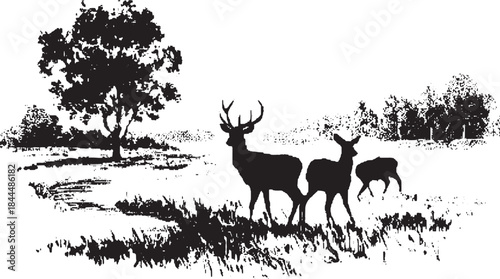 Silhouette of deer in a natural landscape with tree and grass. Wildlife vector illustration depicting the outdoor environment.