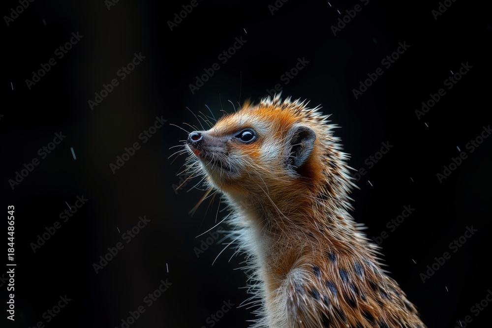Naklejka premium Intimate portrait of a fox, featuring sharp focus on its intelligent eyes and alert ears. The dark background emphasizes the animal's features.