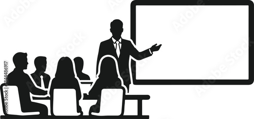 Professional business presentation with a speaker addressing an audience in a conference room setting