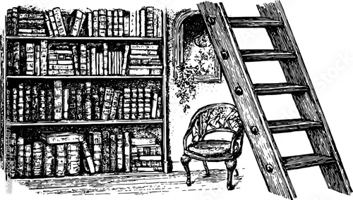 Antique library scene featuring an engraved bookshelf and chair. This vintage illustration showcases a ladder in vector format.