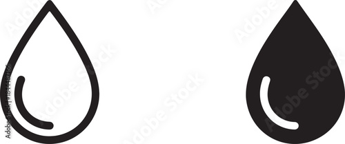 Two modern minimal black water drop icons one outline and one solid representing liquid purity and freshness