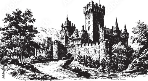 Engraving drawing of a medieval castle tower. Detailed architectural structure set in a scenic landscape vector illustration.