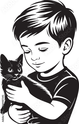 boy and boy with cat smiling and holding pet kitten