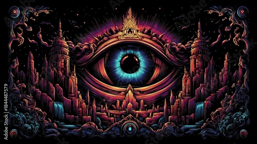 3D rendered psychedelic scene with mushrooms and a tunnel leading to a third eye, suitable for website backgrounds for consciousness exploration, poster art for events, or creative projects 