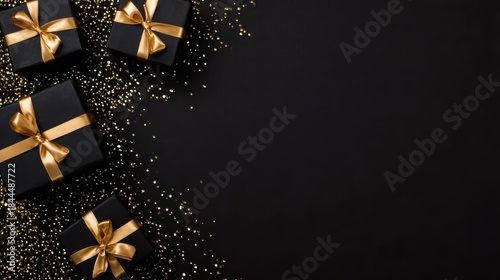 Arrangement of black gift boxes symbolizing discounts and shopping, suitable for email marketing templates, in-store signage, or sophisticated sale season graphics.