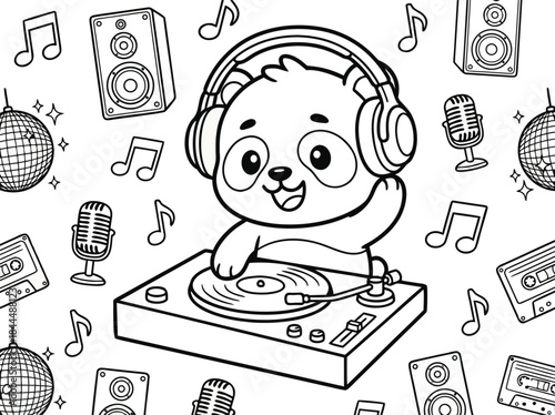 Cute Panda DJ Playing Music with Headphones and Turntable.