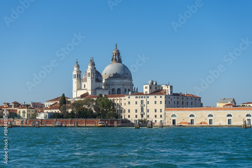 View of the Basilica di Santa Maria della Salute in Venice, Italy, seen from across the Grand Canal.