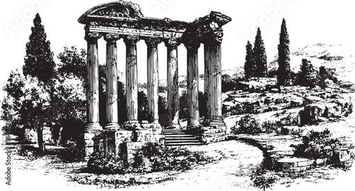 Hand-drawn perspective view of a Roman colonnade. It features detailed pillars and landscape elements in a black and white vector illustration.