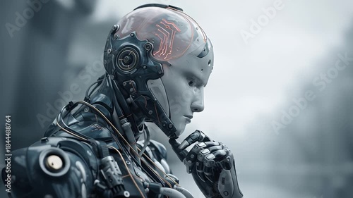 Pensive thinking android with glowing digital brain