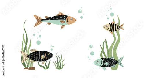 Colorful fish swim among lush underwater plants and bubbles in a bright aquatic scene showcasing diverse patterns and colors.